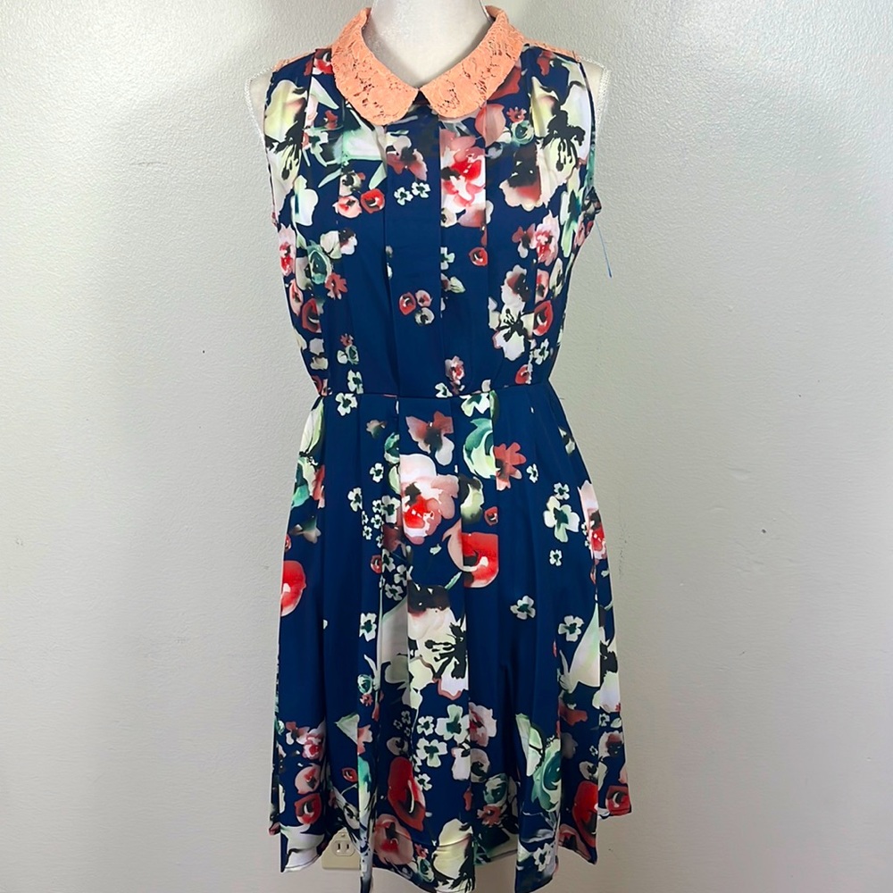 AMELIA New York | Mini Dress Size 6 Pleated Floral Blue Zipper Back